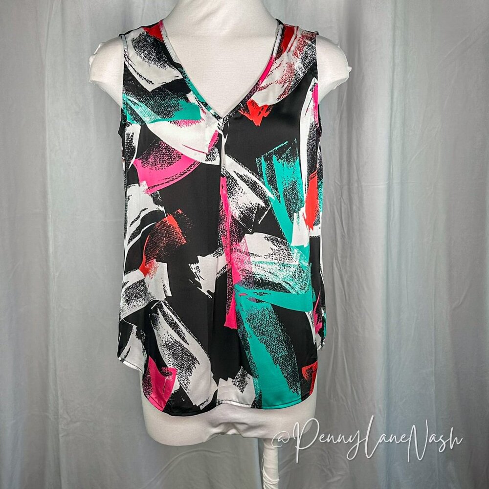 Nine West Abstract Print V Neck Tank Top Multicolor